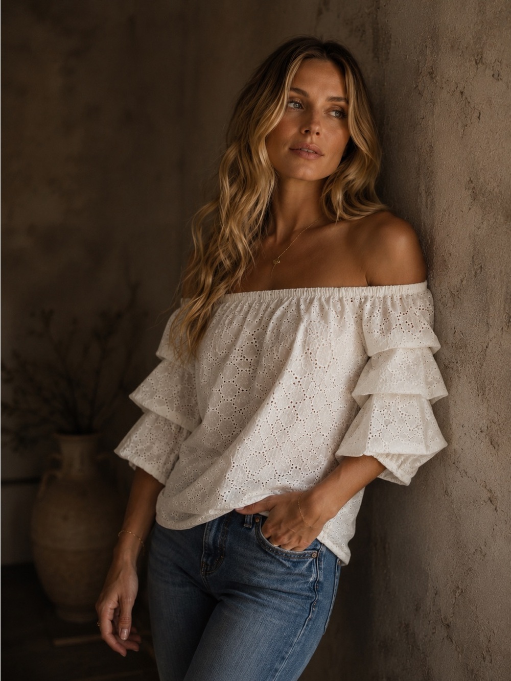 CeCe White Eyelet top. Puff sleeves, Off the Shoulder, Classic, old money.